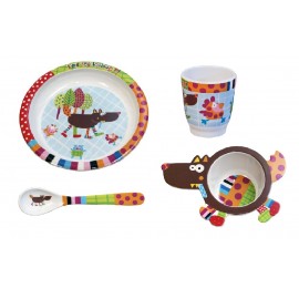 E20008- Colis mélamine Louloup: 6 assiettes, 6 mugs, 6 Bols, 12 Cuillères 