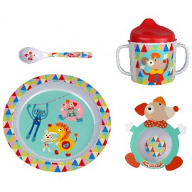 E41008- Colis mélamine Circus: 6 assiettes, 6 mugs, 6 Bols, 12 Cuillères