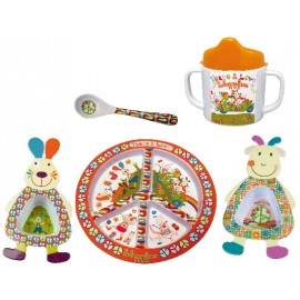 E30008- Colis mélamine Happy Farm 6 assiettes, 6 mugs. Bols: 3 Jeff, 3 Huguette, 12 Cuillères