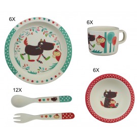 E25008 Colis bambou ( 6 assiettes, bols, tasses, 12 fourchettes et cuilleres)