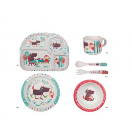 E25008F Colis Bambou (6 assiettes, 6 bols, 6 tasses, 6 assiettes à compartiments, 12 cuillères et 12 fourchettes)